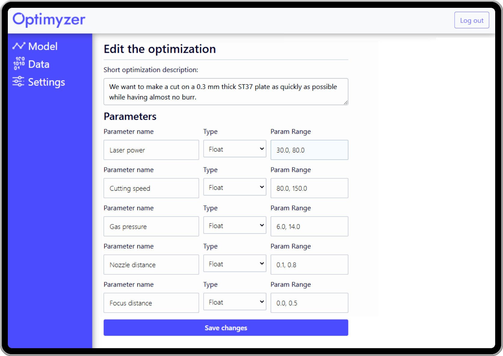 Optimization settings in the Optimyzer web-app