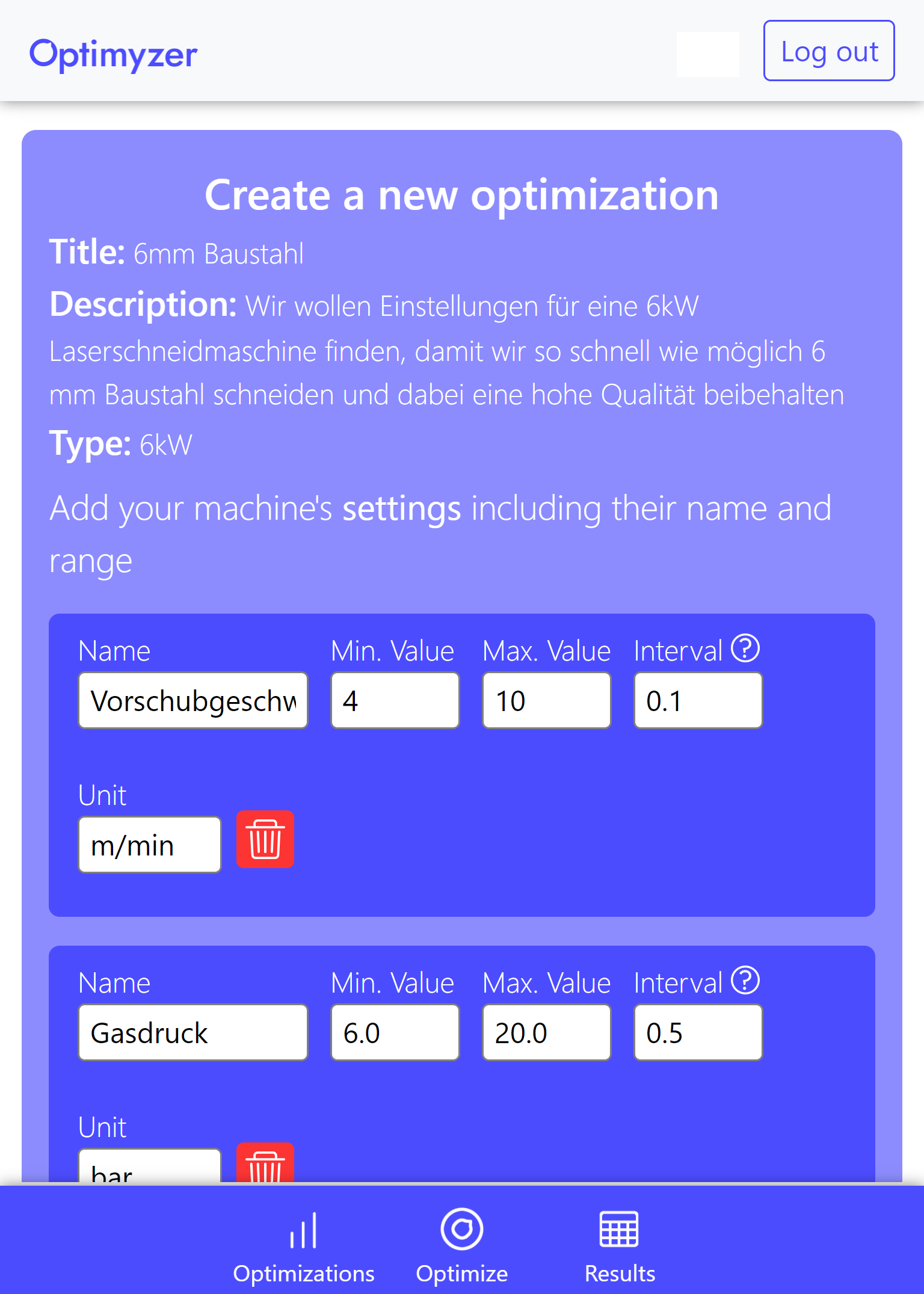 Optimierungseinstellungen in der Optimyzer Web-App