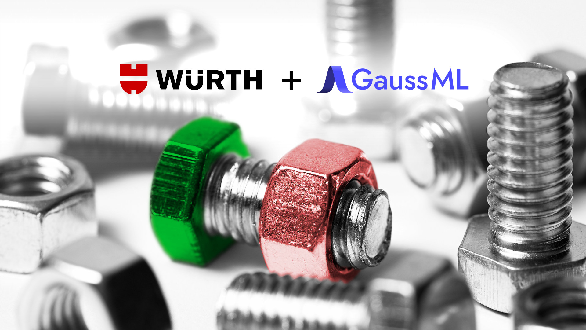 GaussML and Würth's logos side by side, with a selective color image of industrial fasteners in green, white, and red - the colors of the Italian flag.