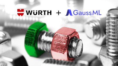 GaussML and Würth's logos side by side, with a selective color image of industrial fasteners in green, white, and red - the colors of the Italian flag.